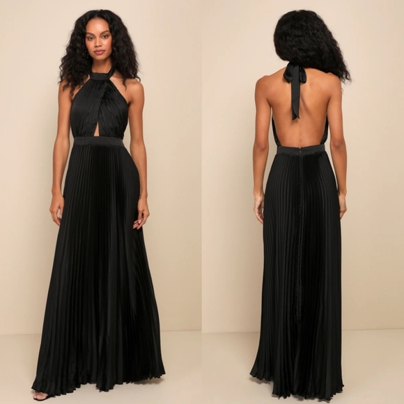 Lulus Midnight Moves Black Pleated Satin Cutout Halter Maxi Dress L Wedding - Picture 1 of 11